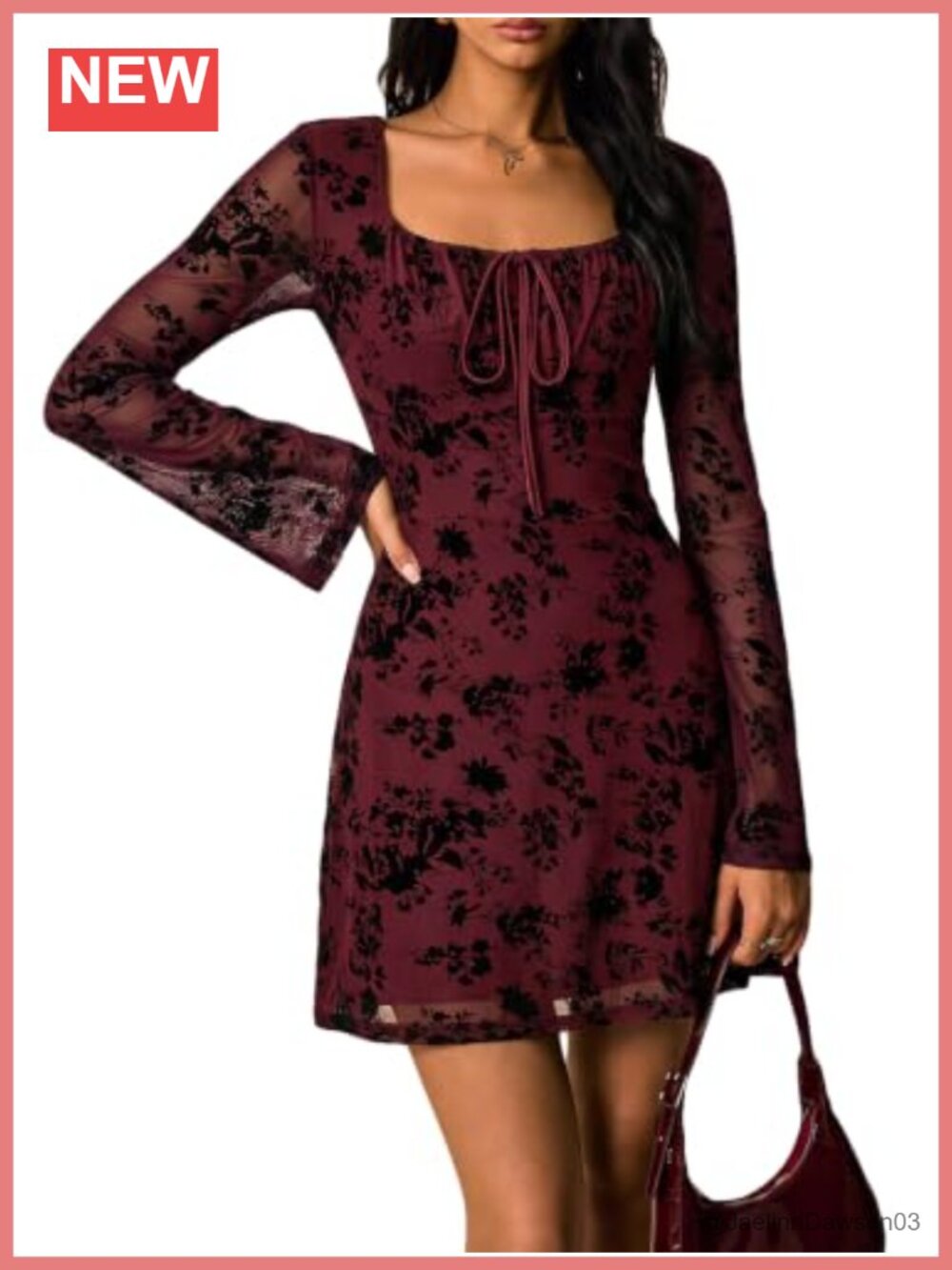 Gothic Floral Lace Mini Dress Tie Front Long Sleeve Square Neck A Line
